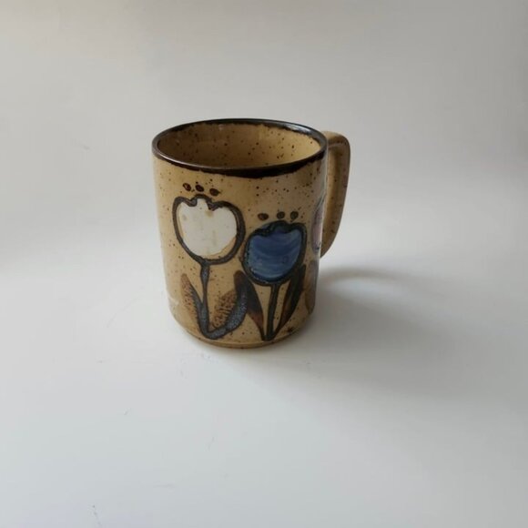 Hand-Painted Ceramic Mugs Set Of 2 With Floral Design Speckled Beige - Picture 7 of 9